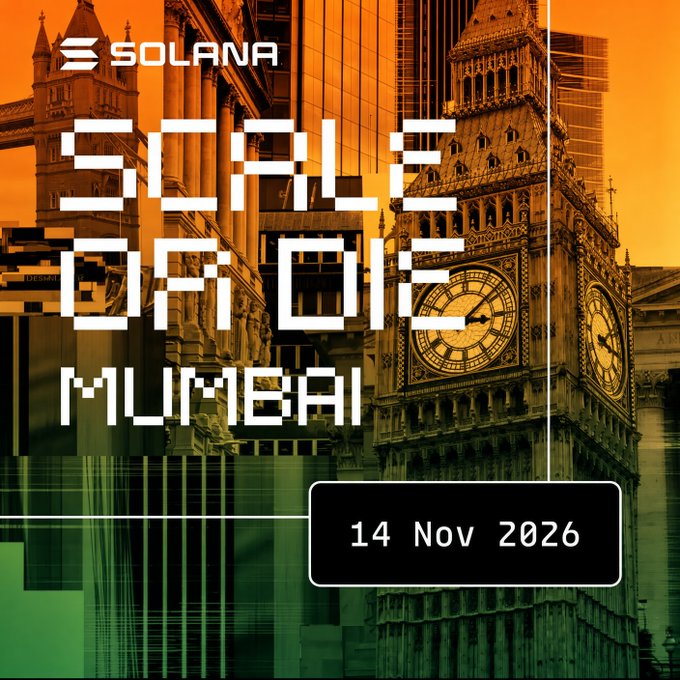 A promotional graphic for 'SOLANA SCALE OF ONE MUMBAI' dated '14 Nov 2026', featuring Big Ben and Tower Bridge with an orange and green color scheme.