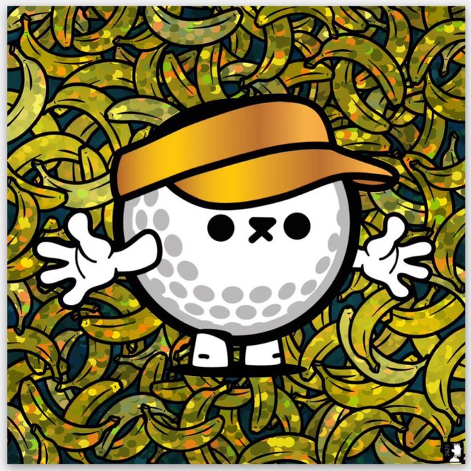 A cartoon golf ball character wearing an orange visor, standing amid a dense pile of green banana peels.