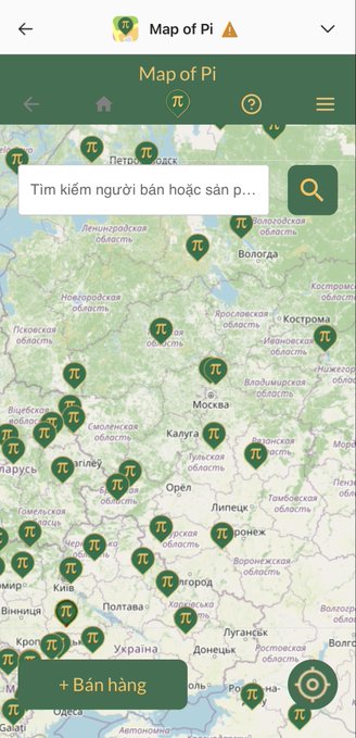 A screenshot of the "Map of Pi" application showing numerous Pi Network locations (marked with π symbols) across Russia and Ukraine, including cities like Moscow, Vologda, and Volgograd, with a "+ Bán hàng" (Add Sale) button at the bottom. The image illustrates the post's point about Pi Network's widespread presence, contradicting claims that countries like Russia aren't allowed to participate in Pi Network mining.