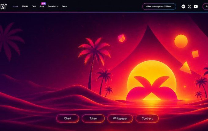 The image shows the PALM AI website homepage featuring a vibrant digital illustration of a palm tree silhouetted against a glowing sun and pyramids in pink and orange tones, with navigation tabs "SPALM," "DAO," and "Stake PALM" visible. This visual accompanies an announcement about the upcoming rework of the PALM web platform going live before Spaces #116, showcasing the fresh aesthetic of their updated site.