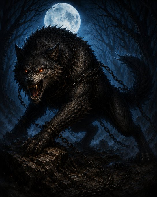 A menacing black werewolf with glowing red eyes snarls menacingly, wrapped in chains, set against a dark forest backdrop illuminated by a full moon.