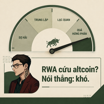 An infographic featuring an anime character with glasses and tattoos next to a gauge meter. The gauge labels in Vietnamese are "SỢ HÃI", "TRUNG LẬP", "LẠC QUAN", and "QUÁ HƯNG PHẤN", with the needle pointing toward "QUÁ HƯNG PHẤN". The text reads "RWA cứu altcoin? Nói thẳng: khó."