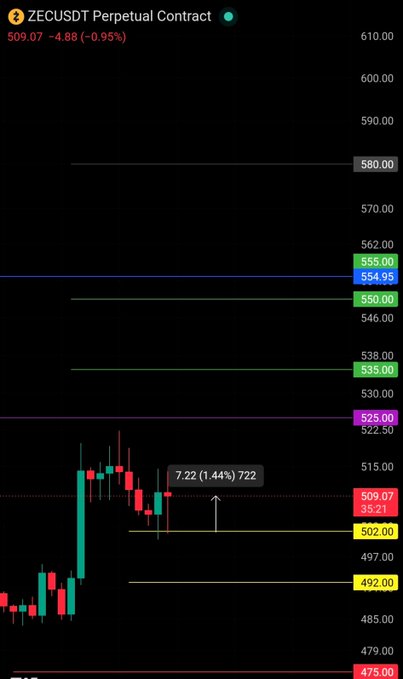 A candlestick chart of the ZECUSDT Perpetual Contract trading at 509.07 (-0.95%) displays horizontal support and resistance levels forming a price "box" between key levels (yellow 492/502, green 535/550, and purple 522/525), with a projected move of 7.22 (1.44%) to 522 visualized by an upward arrow. The bounded range visually represents the consolidation zone referenced in the caption about holding the position and watching price action within this box.
