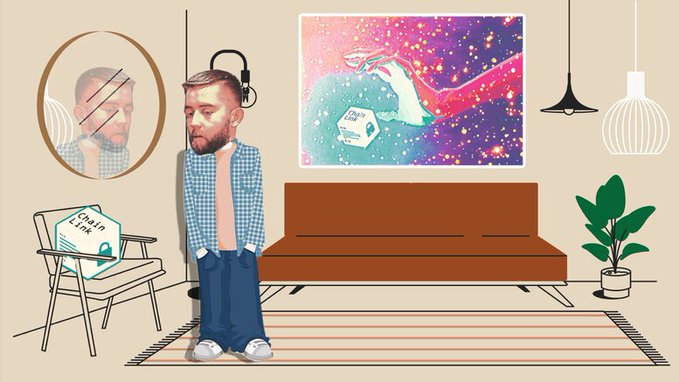 This meme features a stylized figure of Sergey Nazarbayev with a "Chain Link" token on a chair, referencing the cryptocurrency project, and a futuristic artwork on the wall.