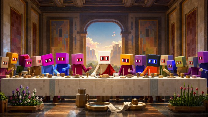 A pixel-art parody of the Last Supper depicts characters with blocky, cube-shaped heads resembling NFT avatars gathered around a long table in a grand hall with arched windows overlooking a city.