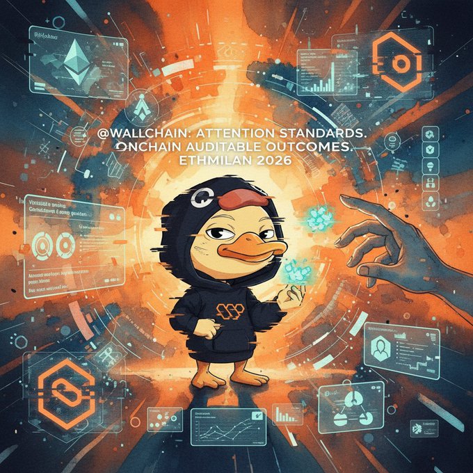 The image features a cartoon duck wearing a hoodie with the number "5" on its chest, standing against an orange background that includes various logos and icons related to the attention economy. The text at the bottom of the image reads "Attention needs standards, not just incentives. @wallchain is taking a systems-first approach to the attention economy: verifiable campaign metadata, onchain attribution, and automated payouts that make brand-creator coordination programmable and auditable".