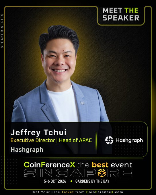 A promotional graphic for CoinFerenceX Singapore features a smiling man in a blue blazer identified as Jeffrey Tchui, Executive Director and Head of APAC at Hashgraph, advertising the event on 5-6 October 2026 at Gardens By The Bay and matching the post announcing his role as a speaker driving Web3 adoption in the region.