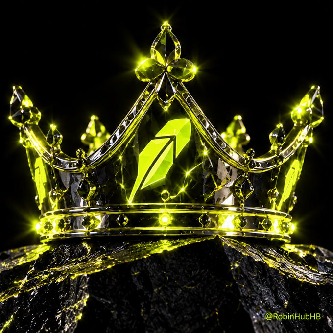 A radiant lime-green and silver crystal crown sits atop a dark textured surface, with a glowing arrow emblem at its heart, symbolizing Robinhood's iconic logo. The image, watermarked "@RobinHubHB," visually represents the playful post "The crown looks good on Robinhood," portraying the brand as regal and triumphant.