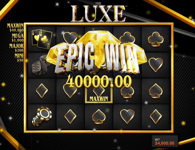 The image features a slot machine with gold accents, displaying a large "LUXE" sign at the top and a "MAX WIN" banner below it. The machine has various symbols such as hearts, diamonds, and clubs, along with numbers like 40,000 and 1,000,000 displayed on its screen. In addition to these symbols, there are also poker chips scattered around the slot machine, suggesting that it is designed for both slots and poker games.