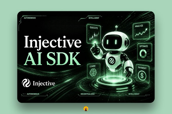 Promotional graphic for 'Injective AI SDK' featuring a white robot character surrounded by icons labeled EXECUTE, LEARN, ANALYZE, OPTIMIZE, and PAYMENT, with the Injective logo.