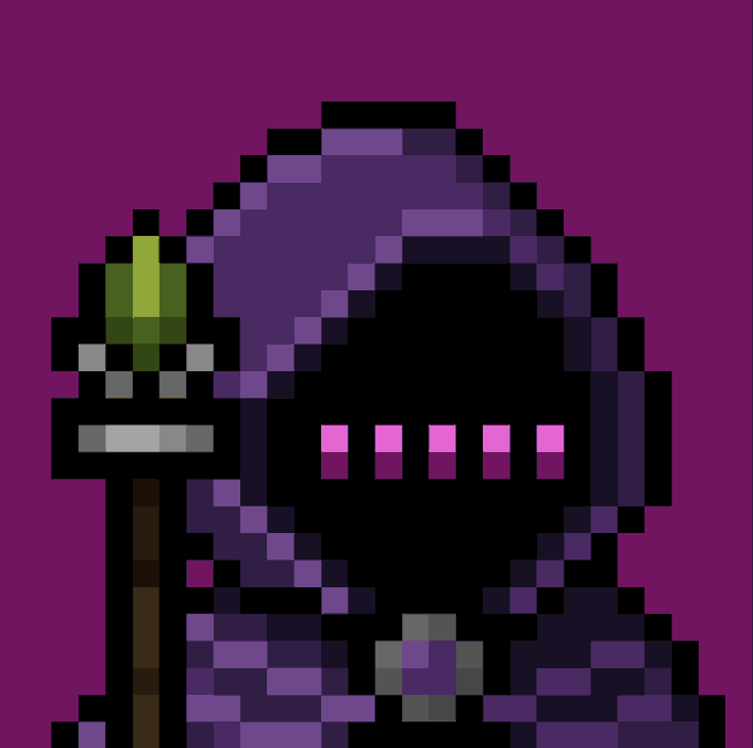 Pixel art of a hooded purple-robed figure with pink eyes holding a staff with a green gem, set against a purple background.