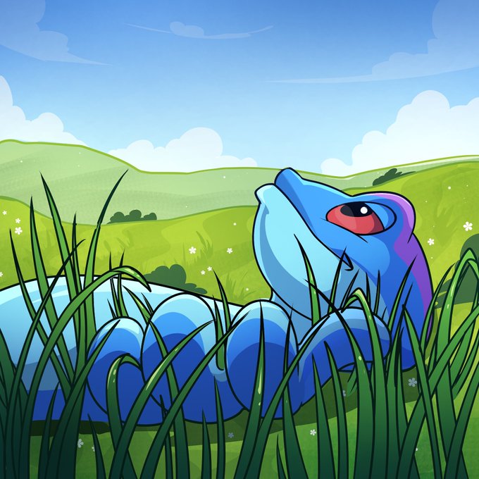 A cartoon illustration of a blue serpent/snake creature with a red eye lying in green grass, with rolling green hills and a blue sky with white clouds in the background.
