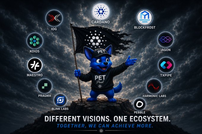 A blue wolf mascot wearing a "PET Pool" hoodie plants a Cardano flag on a rocky peak, surrounded by logos of ecosystem partners including Cardano, Blockfrost, IOG, Koios, Maestro, Pragma, Blink Labs, Pebble, Harmonic Labs, TXPipe, and Iagon, with the tagline "DIFFERENT VISIONS. ONE ECOSYSTEM. TOGETHER, WE CAN ACHIEVE MORE." The image visually reinforces the post's message about embracing diversity across APIs (Blockfrost, Koios, Iagon), nodes (IOG+Haskell, Dingo+Go, Amaru+Rust, Gerolamo+Typescript), and other infrastructure, showing that multiple projects and technologies unite under one shared Cardano ecosystem rather than competing against each other.