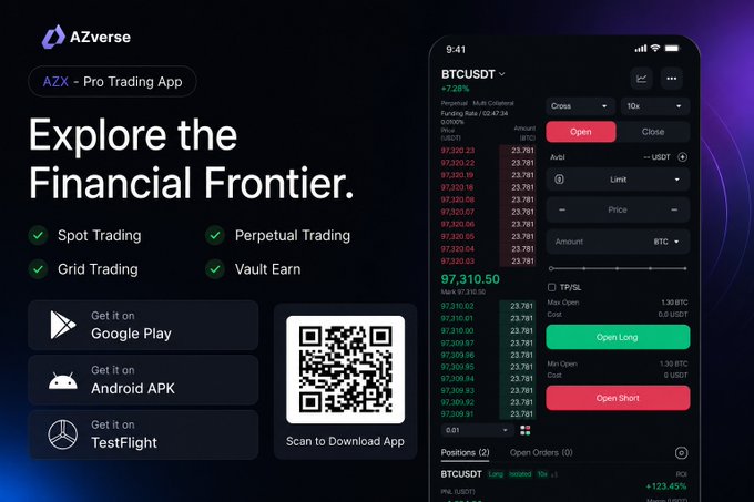 An advertisement for 'AZverse - AZX - Pro Trading App' promoting itself as 'Explore the Financial Frontier' with features including Spot Trading, Perpetual Trading, Grid Trading, and Vault Earn, with options to get it on Google Play, Android APK, and TestFlight.