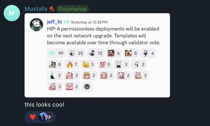 A screenshot of a Discord message from Mustafa in the Polymarket channel, showing a quoted post by jeff_hl about HIP-4 permissionless deployments being enabled on the next network upgrade (Hyperliquid), receiving 99 reactions and various emojis. The post humorously suggests Mustafa is moving on to shill $HYPE for the Season 2 airdrop after previously promoting $POLY.