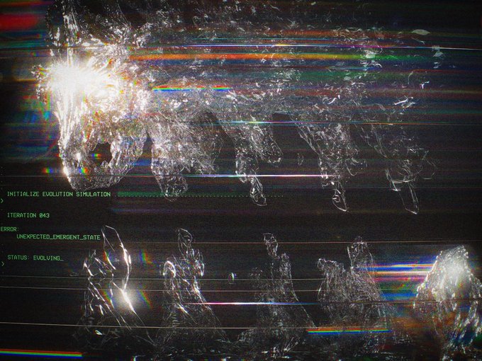 A glitch art image showing distorted figures with text including 'INITIALIZE EVOLUTION SIMULATION', 'ITERATION 043', 'ERROR UNEXPECTED_EMERGENT_STATE', and 'STATUS: EVOLVING'.