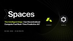 The image is a promotional graphic for "Spaces," dated May 6, 2026, featuring the tagline "The Intelligent Edge: Can Decentralized Compute Fuel Real-Time Predictive AI?" and displays two metrics—a 275k+ figure and a 22-minute metric—aligning with the post's mention of "275k+ phones" powering Acurast's decentralized compute network for predictive AI.