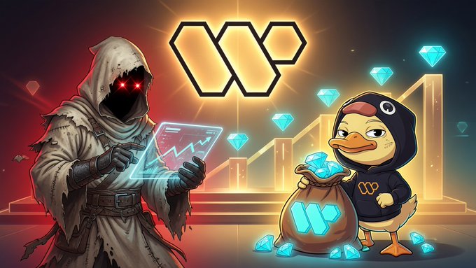 A digital illustration depicting a hooded figure with glowing red eyes holding a holographic chart on the left, and a cartoon duck wearing a hoodie next to a sack of blue gems labeled 'WP' on the right, with a 'W' logo above.