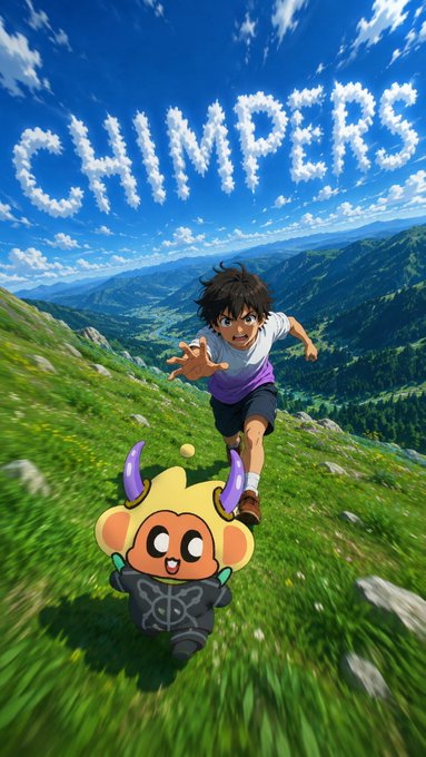 Anime-style promotional artwork for 'CHIMPERS' showing a boy running down a grassy mountain alongside a small horned monkey character.