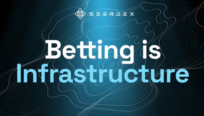 A dark blue promotional banner from Seerdex with the bold tagline 'Betting is Infrastructure' displayed against a flowing topographic line pattern.