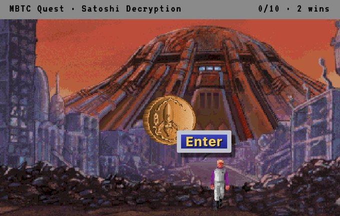 Screenshot of the MBTC Quest game 'Satoshi Decryption' showing a pixel-art scene of a person approaching a domed structure with a Bitcoin-like coin and an 'Enter' button.
