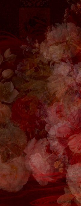 An abstract or heavily filtered image with dark red tones showing what appears to be floral shapes or roses in a painterly style.