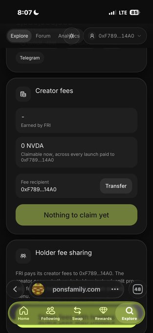 A mobile screenshot of the Believe app shows an empty "Creator fees" section for a Telegram launch with the address 0xf789...14A0, displaying "0 NVDA" claimable and a green banner reading "Nothing to claim yet." This relates to the post by Raph, who donates to launchpads for a living, suggesting they are a launchpad creator checking their unclaimed fee earnings from the FRI launch.