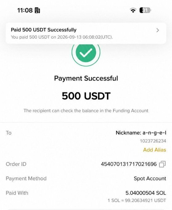 A payment confirmation screen on a mobile device showing 'Payment Successful 500 USDT' paid to nickname 'a-n-g-e-l' on 2026-09-13, paid via Spot Account using 5.04000504 SOL (1 SOL ≈ 99.20634921 USDT).