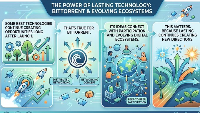 The image features a colorful poster that explains the concept of BitTorrent technology, which is an innovative way for users to share information or resources online. The poster includes various illustrations depicting different aspects of BitTorrent, such as people sharing files, a globe representing interconnectedness, and a rocket ship symbolizing the rapid exchange of data. The text on the poster emphasizes that BitTorrent has the power to create lasting technology by connecting ideas with participation in evolving digital ecosystems.