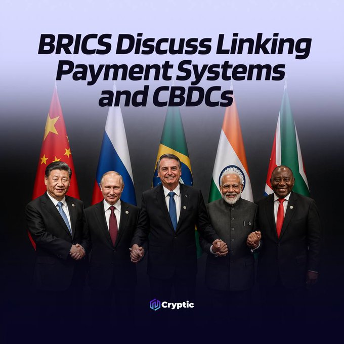 The image depicts leaders of BRICS nations, with text overlay stating "BRICS Discuss Linking Payment Systems and CBDCs," illustrating the news about their exploration of cross-border payment innovations.