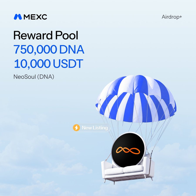 Promotional graphic for the MEXC Airdrop+ featuring NeoSoul (DNA), with a reward pool of 750,000 DNA and 10,000 USDT. A striped parachute carries a sofa and an infinity-symbol token against a sky-blue background, accompanied by a “New Listing” badge.