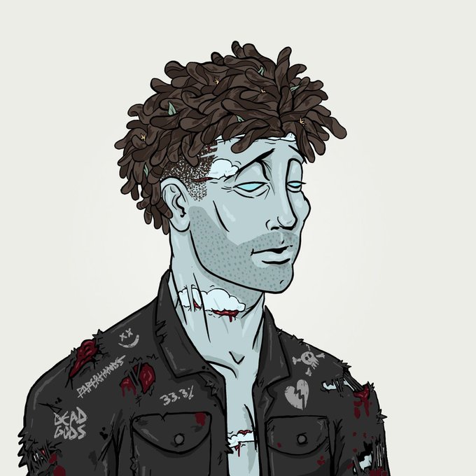A cartoon illustration depicts a pale, blue-skinned zombie-like character with dreadlocks, a neck wound, and a black jacket covered in patches and graffiti.