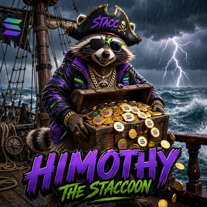 Digital artwork titled 'HIMOTHY THE STACCOON' depicting an anthropomorphic raccoon pirate wearing an eyepatch and a 'STACC' hat, holding a treasure chest filled with Solana coins on a stormy ship.