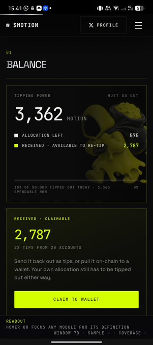 A mobile app screen for 'SMOTION' shows a balance of 2,787 MOTION with a 'CLAIM TO WALLET' button and a 'TIPPING POWER' of 3,362.