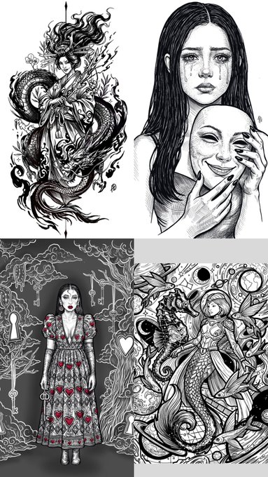 A collage of four black-and-white gothic illustrations featuring women, dragons, and surreal elements, including a crying girl holding a mask and a figure in a heart-patterned dress.