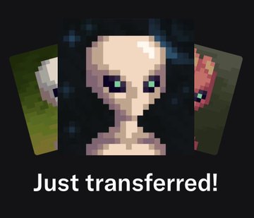A pixel art character with dark hair and green eyes appears above the text 'Just transferred!', flanked by other character cards.