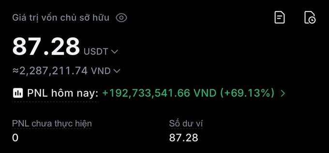 A screenshot from a trading platform displays the user's equity value (Giá trị vốn chủ sở hữu) as 87.28 USDT, while showing a daily PNL of +192,733,541.66 VND (+69.13%)—illustrating the user's confusion over why the massive profit number contrasts with the small USD balance shown.