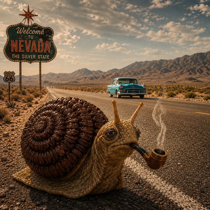 A surreal AI-generated image of a snail smoking a pipe on a desert road, with a vintage teal car and a 'Welcome to NEVADA The Silver State' sign in the background.