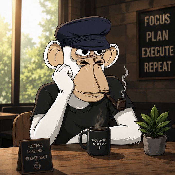 A cartoon monkey wearing a black cap and t-shirt sits at a wooden table with a steaming mug that reads 'GOOD COFFEE BETTER DAY', alongside a small sign saying 'COFFEE LOADING... PLEASE WAIT' and a framed wall text reading 'FOCUS PLAN EXECUTE REPEAT'.
