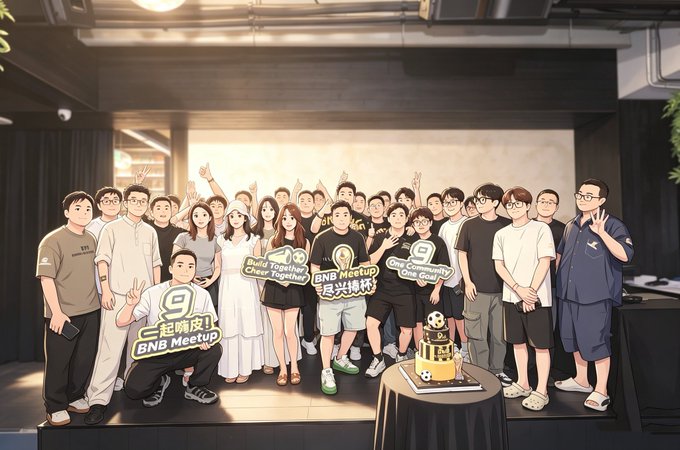 A group photo of attendees at a BNB Meetup event, with people posing on a stage and holding signs that read 'Build Together Cheer Together', 'BNB Meetup', and 'Stay Connected Grow Community'.