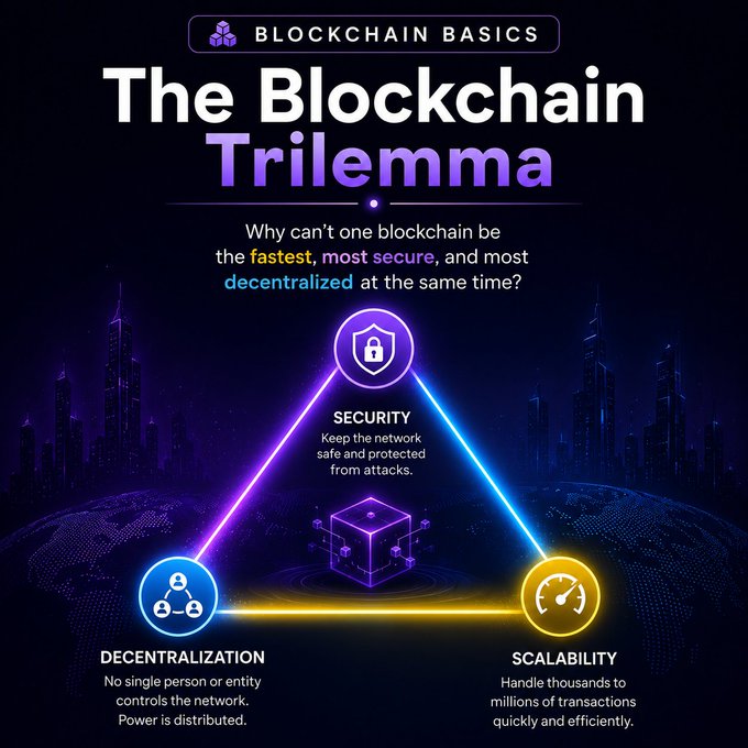 An infographic titled 'The Blockchain Trilemma' explaining why a blockchain cannot be the fastest, most secure, and most decentralized at the same time, illustrating the trade-off between Security, Decentralization, and Scalability.