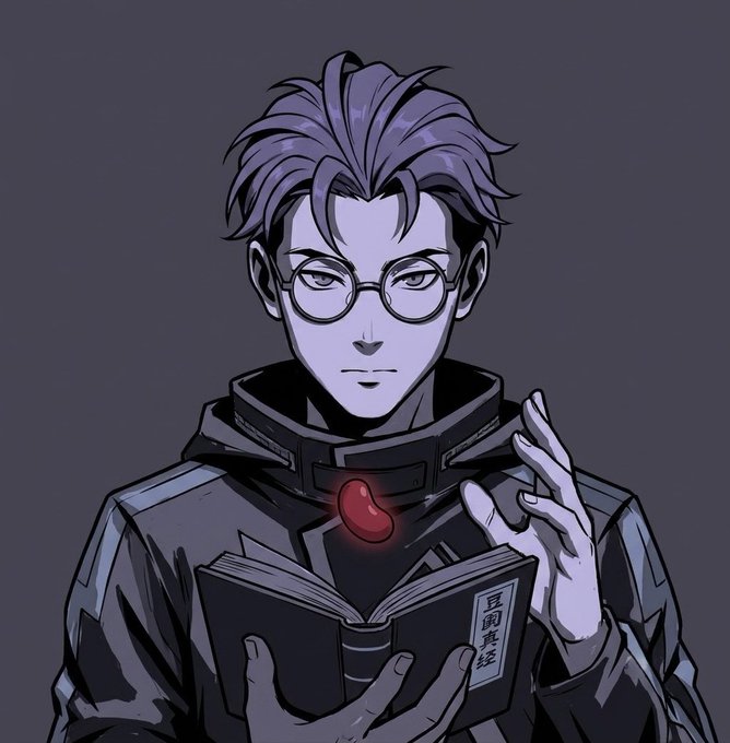 Anime-style illustration of a young man with purple hair and round glasses, wearing a dark cloak, holding an open book with Chinese characters on the cover, and a red glowing gem at his chest.