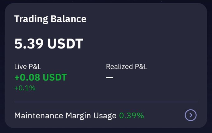 Trading account dashboard screenshot showing a Trading Balance of 5.39 USDT, Live P&L of +0.08 USDT (+0.1%), no Realized P&L, and Maintenance Margin Usage of 0.39%.
