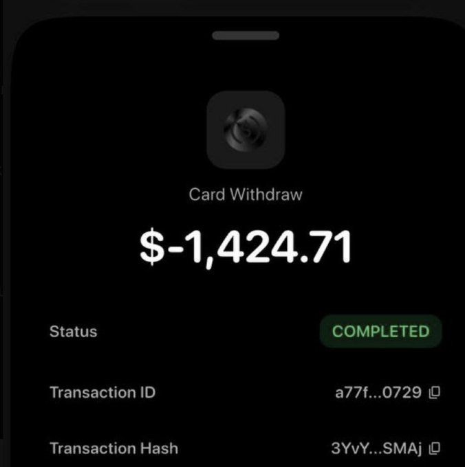 A mobile screenshot displays a "Card Withdraw" transaction showing a balance of **$-1,424.71** with a "COMPLETED" status, alongside a Transaction ID (a77f...0729) and Transaction Hash (3YvY...SMAj). This aligns with the post detailing the **Avici exploit**, where the bridged-out funds from the hack were laundered, with this image likely representing one of the unauthorized withdrawals affecting users on the platform.