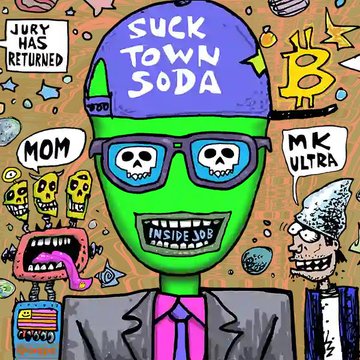 A colorful, chaotic cartoon artwork featuring a green-skinned character in a suit and tie wearing a 'SUCK TOWN SODA' cap, with speech bubbles reading 'JURY HAS RETURNED', 'MOM', and 'MK ULTRA', alongside various bizarre figures.