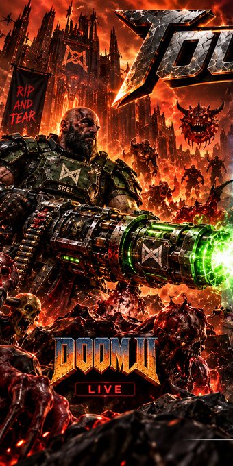 Promotional artwork for 'DOOM II LIVE' featuring the Doom Slayer character (labeled 'SKEL') wielding a large weapon, with a gothic hellish landscape and a banner reading 'RIP AND TEAR' in the background.