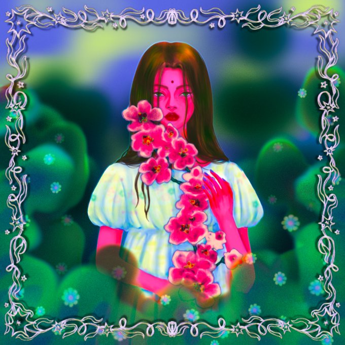 A stylized, vibrantly colored digital artwork of a girl with long brown hair and pink skin wearing a white dress, holding pink cherry blossoms in front of her face, set against a blurred green and blue background and framed by an ornate silver floral border.