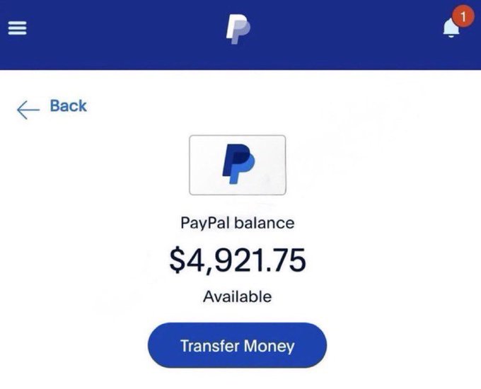 A PayPal balance screen displaying $4,921.75 available with a blue 'Transfer Money' button and a notification bell showing 1 alert.