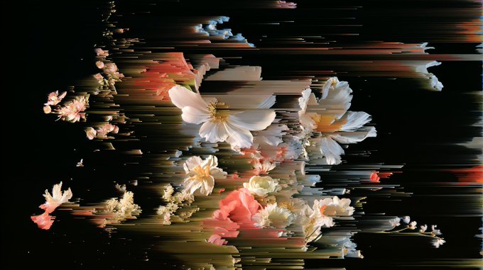 An artistic image of scattered flowers including white and pink blooms against a black background with horizontal glitch-like distortion effects.