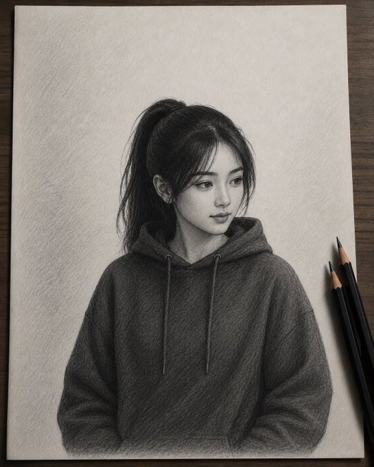 A black and white pencil sketch portrait of a young woman with a ponytail wearing a hoodie, displayed on paper alongside two black pencils resting on a wooden surface.